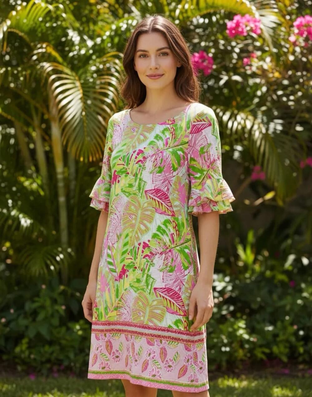 Pappagallo Women’s Oasis Shift Dress Flutter Sleeve Pink Green Tropical Beach L